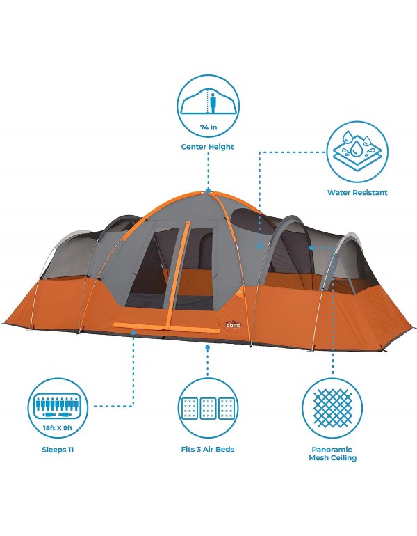 CORE Tents for Family Camping, Hiking and Backpacking | 4 Person / 6 Person / 9 Person / 11 Person Dome Camp Tents with Included Tent Gear Loft for Outdoor Accessories