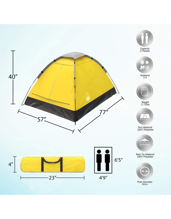 2-Person Dome Tent – Easy Set Up Shelter with Rain Fly and Carrying Bag for Camping, Beach, Hiking, and Festivals by Wakeman Outdoors (Yellow)