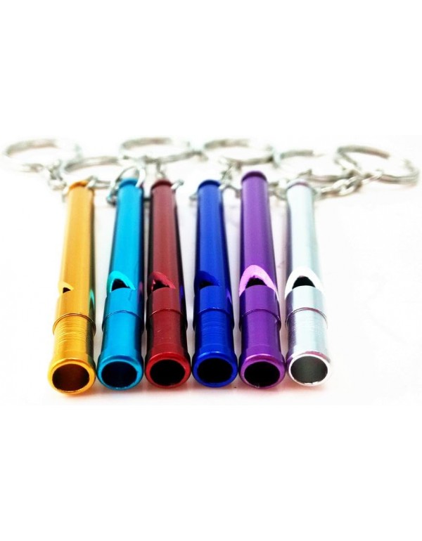 yueton 6pcs Colorful Slim and Long Aluminium Whistles with Key Ring, Emergency Survival Whistle Key Chain, Hiking, Camping, Mountaineering Accessory, Dog Training Whistles