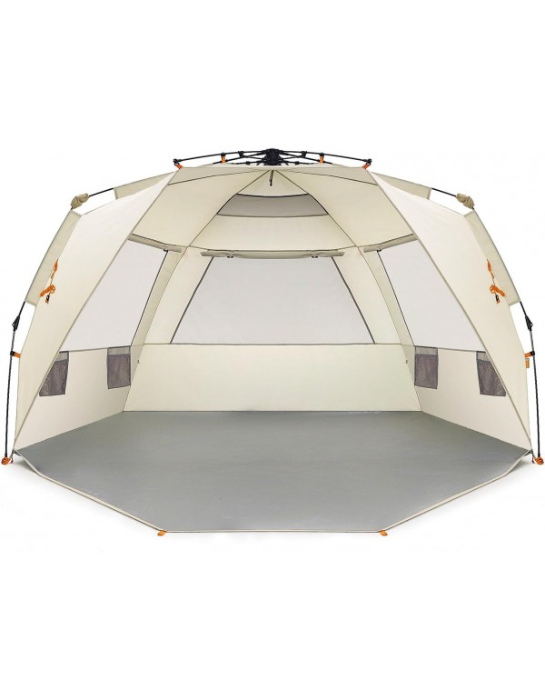 Deluxe XL Beach Tent Easy Up 99" Wide for 4-6 Person Sun Shelter - Extended Zippered Porch Included Beige