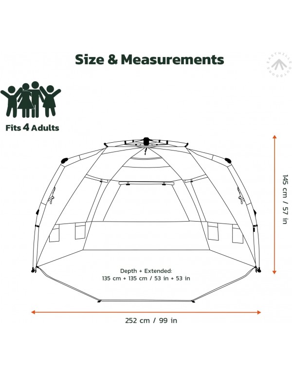 Deluxe XL Beach Tent Easy Up 99" Wide for 4-6 Person Sun Shelter - Extended Zippered Porch Included Beige