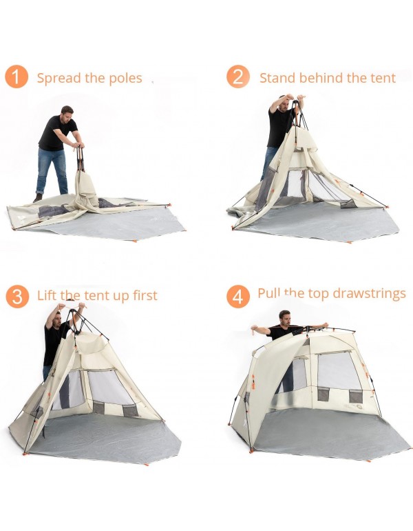 Deluxe XL Beach Tent Easy Up 99" Wide for 4-6 Person Sun Shelter - Extended Zippered Porch Included Beige