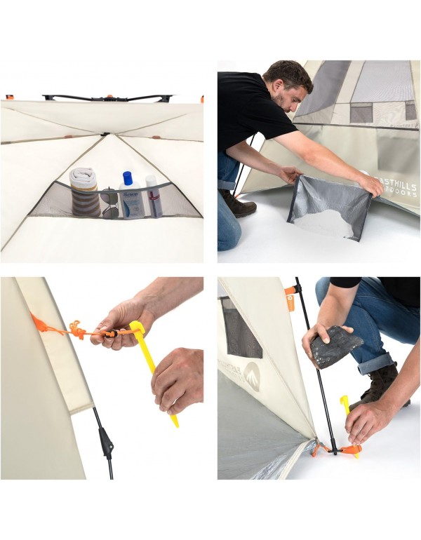 Deluxe XL Beach Tent Easy Up 99" Wide for 4-6 Person Sun Shelter - Extended Zippered Porch Included Beige