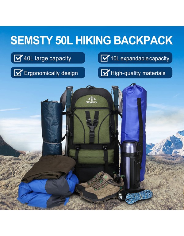 SEMSTY Hiking Backpack, 40L+10L Expandable Travel Backpack Flight Approved, Camping, Travel Backpack For Men and Women