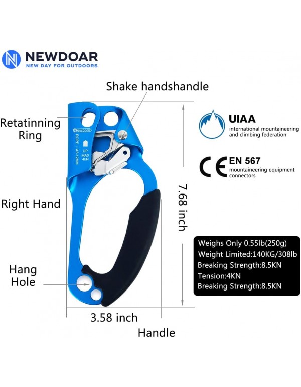 NewDoar UIAA & CE Certified Hand Ascender Rock Climbing Tree Arborist Rappelling Gear Equipment Rope Clamp for 8~12MM Rope