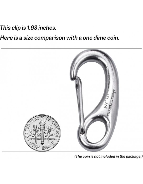 SHONAN 1.93 Inch Carabiner Clips, 4 Pack Flag Pole Clips, Stainless Steel 316 Marine Clips for Ropes, Clip Hooks for Keychain, Dog Leashes, and Hiking