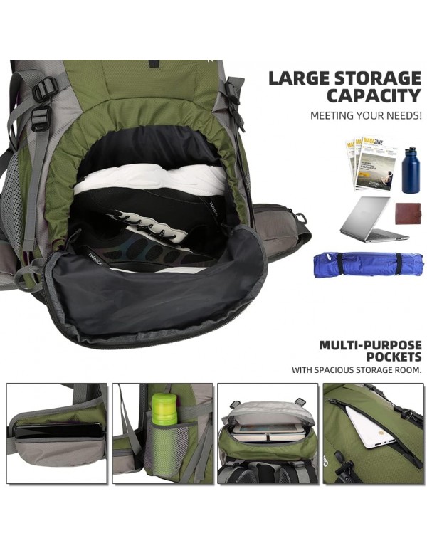 King'sGuard 70L Hiking Backpack with Rain Cover Lightweight Travel Backpack Waterproof Camping Backpack Daypack for Outdoor -Frameless (Army Green)