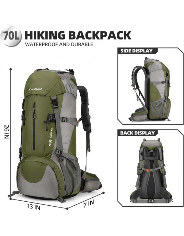 King'sGuard 70L Hiking Backpack with Rain Cover Lightweight Travel Backpack Waterproof Camping Backpack Daypack for Outdoor -Frameless (Army Green)
