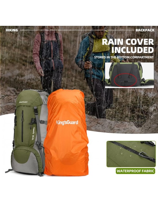 King'sGuard 70L Hiking Backpack with Rain Cover Lightweight Travel Backpack Waterproof Camping Backpack Daypack for Outdoor -Frameless (Army Green)