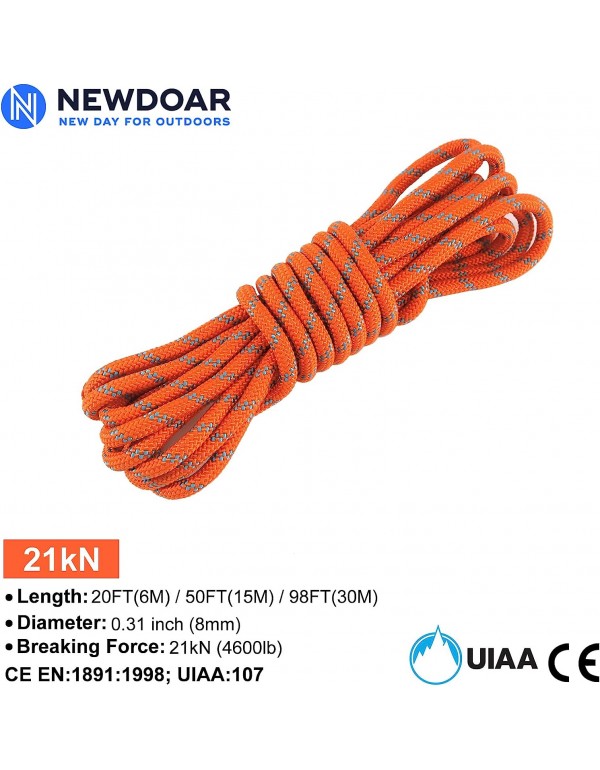 NewDoar CE UIAA Certified 8mm (5/16in) Accessory Cord Rope 21KN Double Braid Pre Cut for Outdoor Survival, Mountaineering, Prusik,Hauling Dragginge(Orange 8mm,50FT)